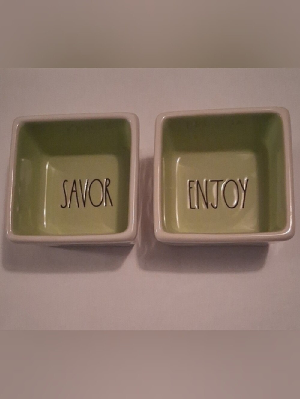 Rae Dunn NIB Square Bowl Set White with Light Green Interior - SAVOR & ENJOY